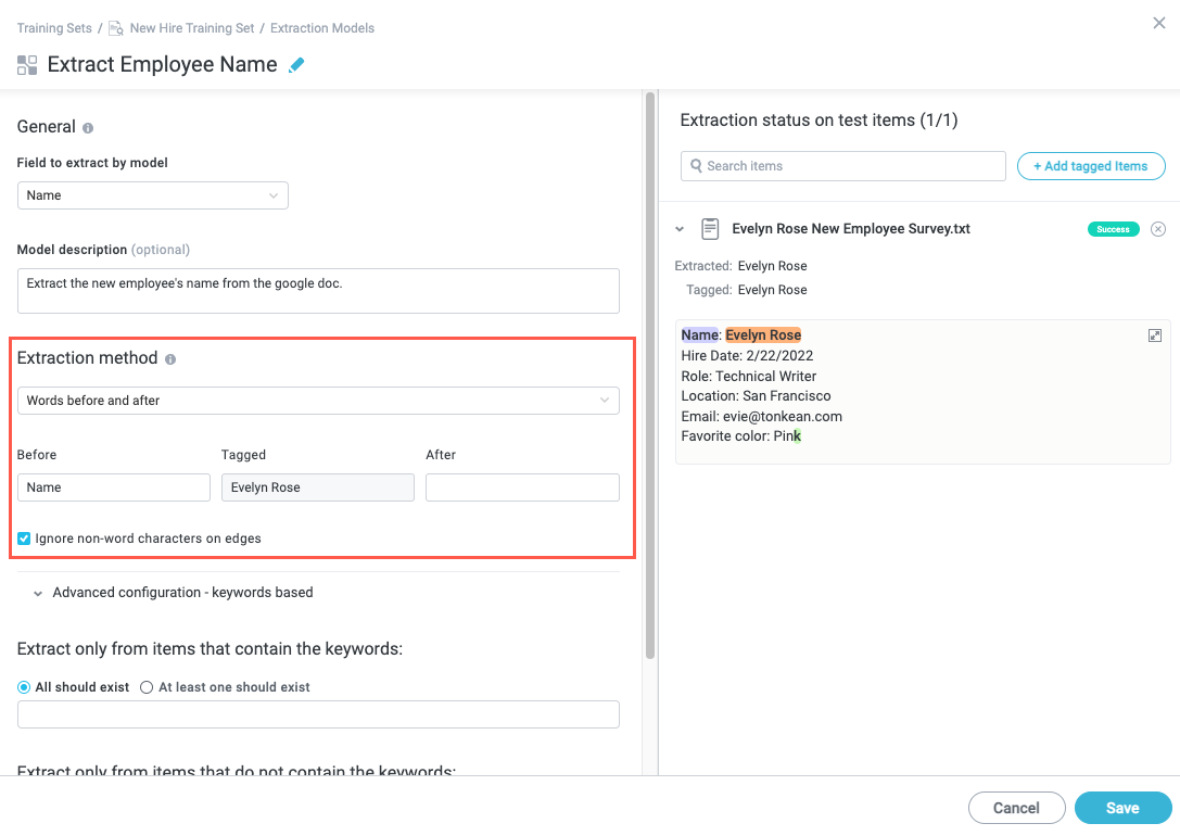 Configure a Text Extraction Training Set