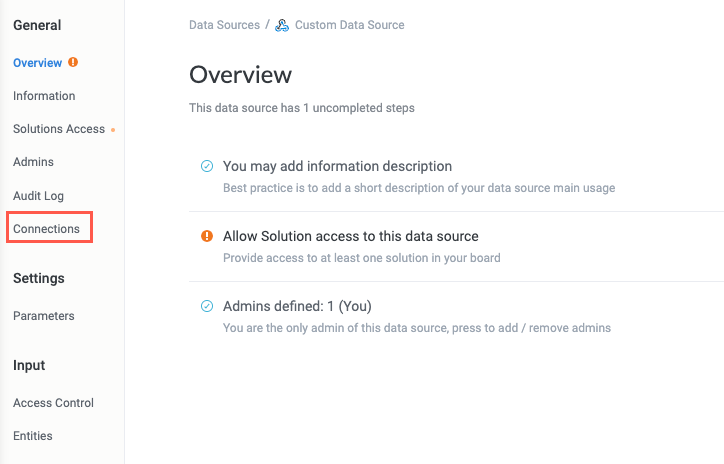 Data source Overview screen with Connections highlighted in the configuration menu.